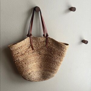 Rustic Mango Tan Woven Farm Tote Bag with Brown Straps